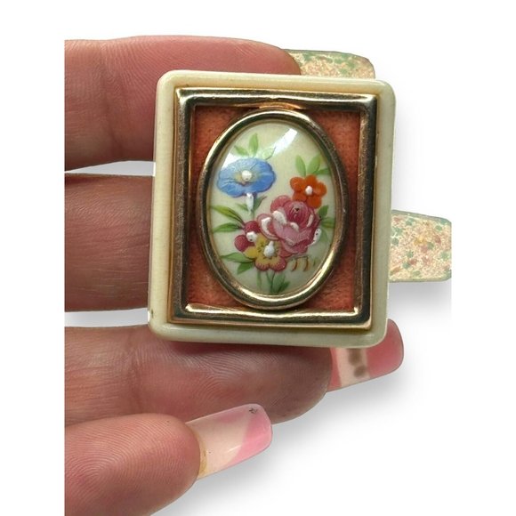 Antique Ceramic Picture Frame Painted Flowers Trombone Clasp Brooch - Picture 7 of 7